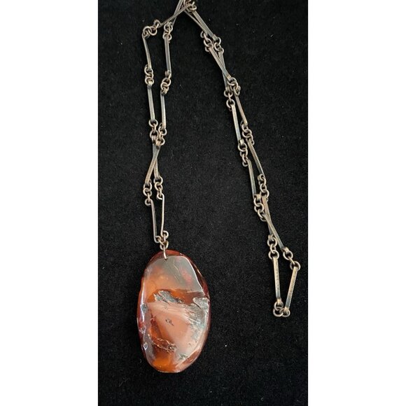 Unbranded Accessories - VTG Authentic LG Amber Pendent Long Antique Brass Bar Link Chain 30”